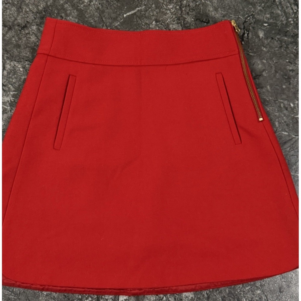 J. Crew Mini Skirt In Double Serge 100% Wool Side Zip Front Pockets Cherry Red 0